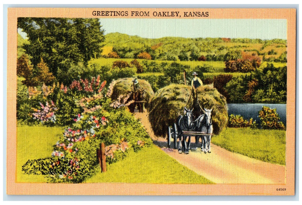 c1940's Greetings From Oakley Grass Loaded Horse Wagon Road Kansas KS Postcard