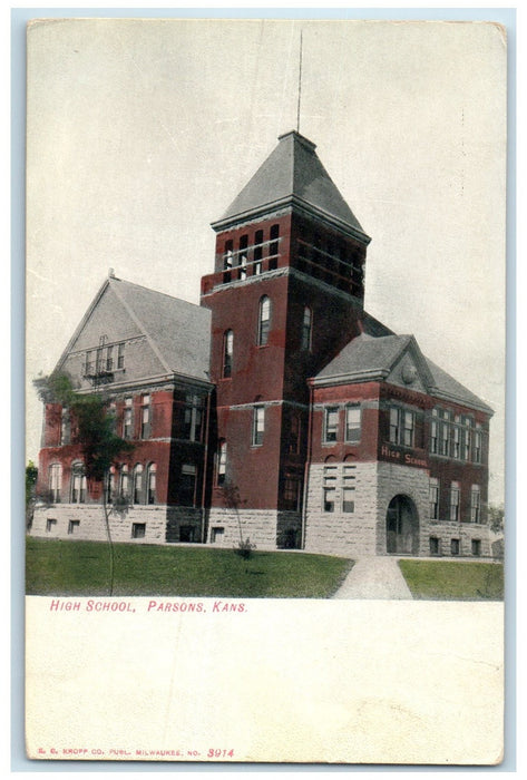 c1920's High School Parsons Building Campus Road Entrance Kansas KS Postcard