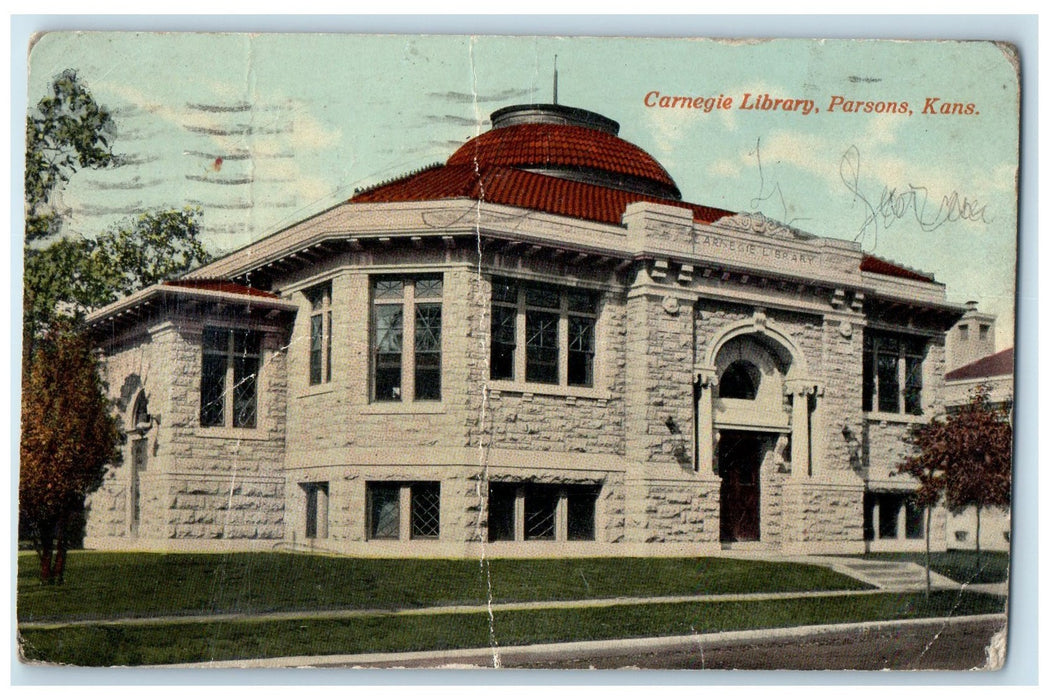 1917 Carnegie Library Building Door Entrance Parsons Kansas KS Posted Postcard