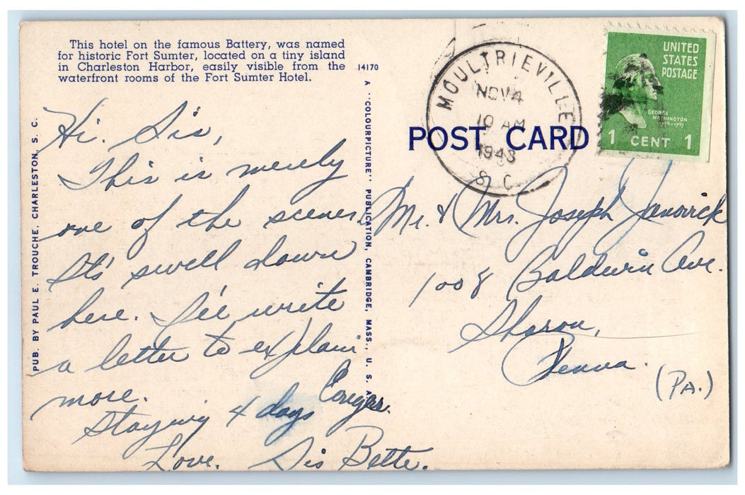 1943 Fort Sumter Hotel Battery Classic Car Charleston South Carolina SC Postcard