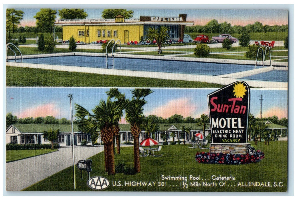 c1940's Sun Tan Motel Building Restaurant Swimming Pool Allendale SC Postcard