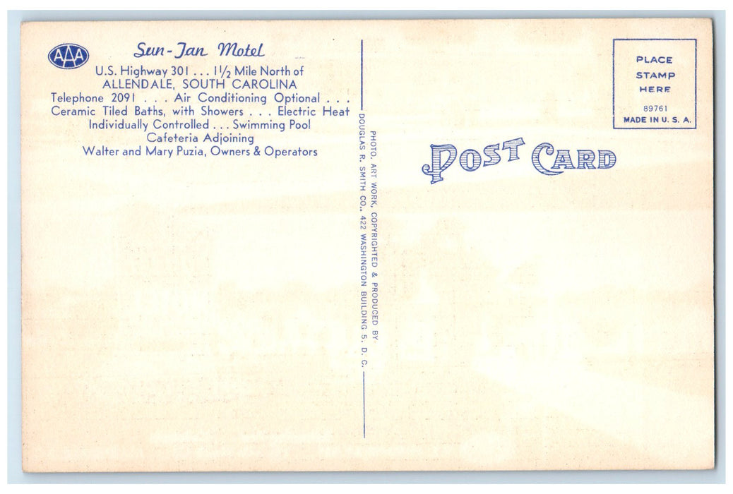 c1940's Sun Tan Motel Building Restaurant Swimming Pool Allendale SC Postcard