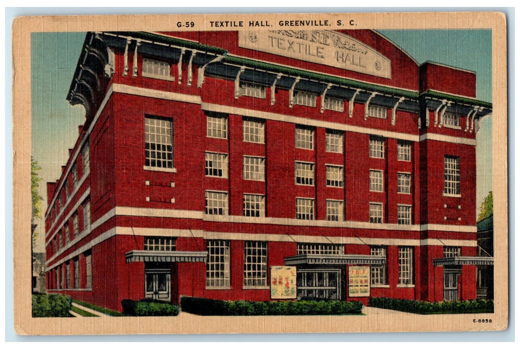 1949 Textile Hall Building Entrance Greenville South Carolina SC Posted Postcard