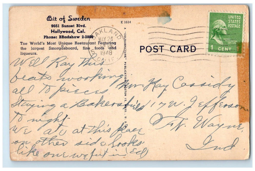 1948 Bit Of Sweden Interior & Exterior Hollywood California CA Posted Postcard