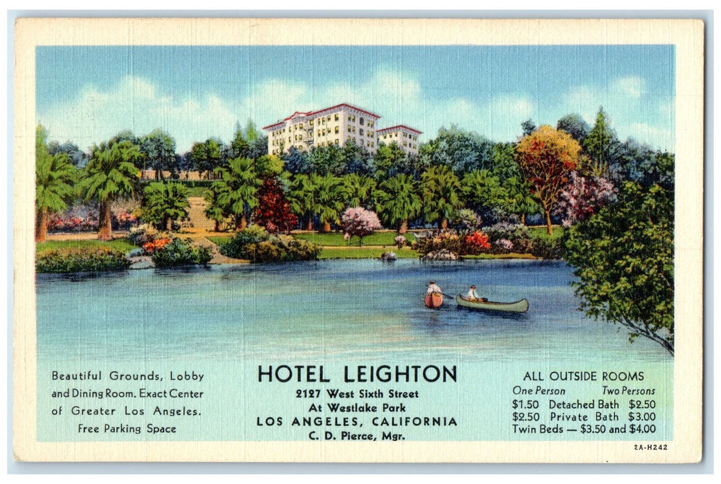 c1940s Hotel Leighton Exterior Los Angeles California CA Posted Boating Postcard