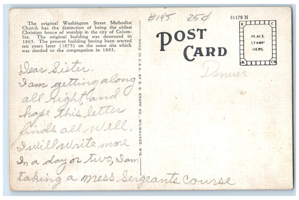 c1950's Washington Street Methodist Church Columbia South Carolina SC Postcard