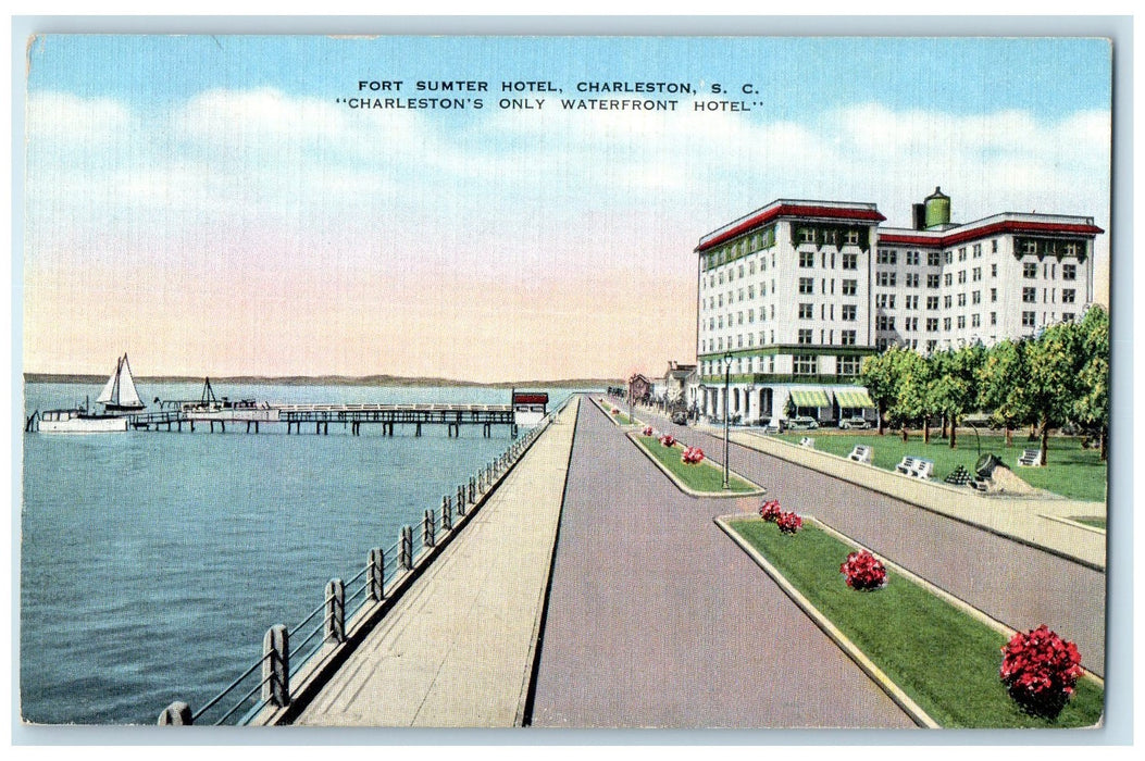 c1940 Fort Sumter Hotel Building Restaurant Waterfront Charleston SC Postcard