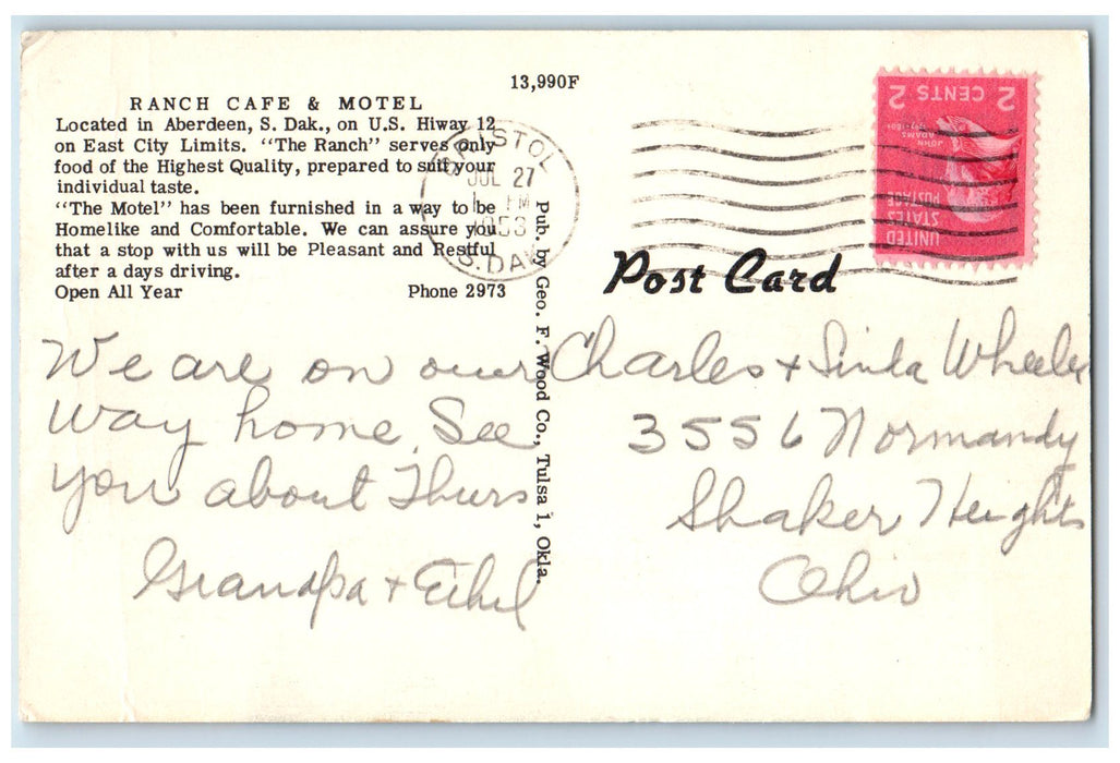 c1950's Ranch Cafe & Motel Restaurant Cottages Aberdeen South Dakota SD Postcard