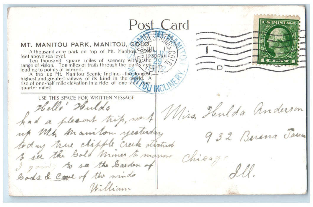 1912 Mt. Manitou Park Scenic Incline Manitou Colorado CO Posted Sketch Postcard