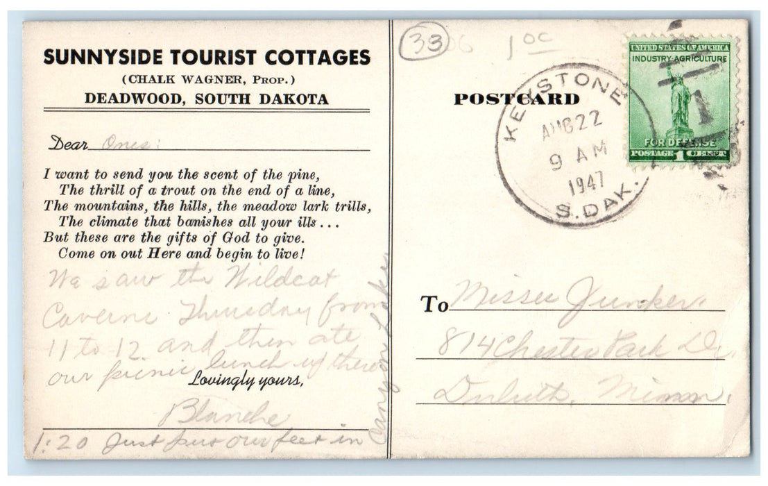 1947 Sunnyside Tourist Cottage Building Deadwood South Dakota SD Posted Postcard