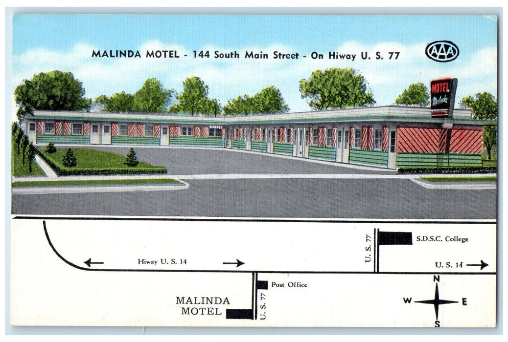 c1940 Malinda Motel Building Restaurant View Brookings South Dakota SD Postcard