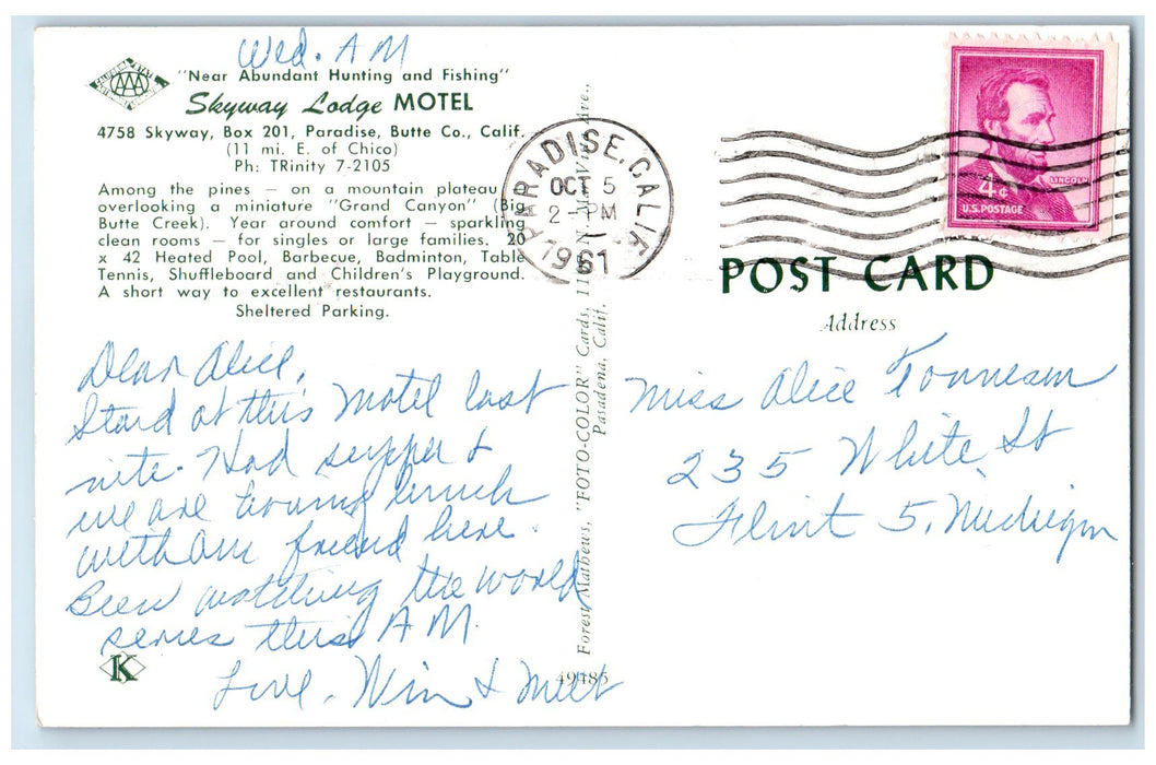 1961 Skyway Lodge Motel Pool Scene Butte County California CA Posted Postcard