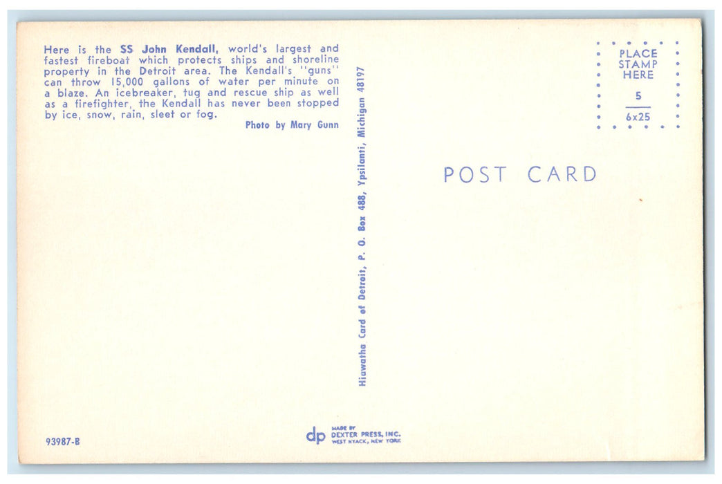 c1960s SS John Kendall World's Largest Fastest Fireboat View Detroit MI Postcard