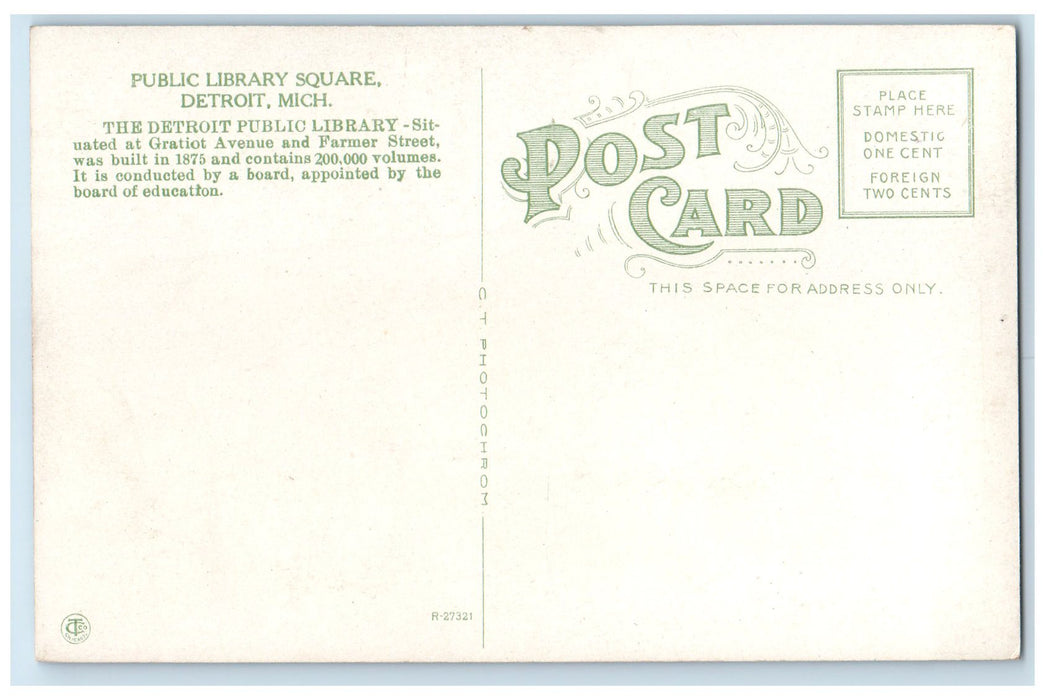 c1920's Public Library Square Exterior Detroit Michigan MI Unposted Postcard