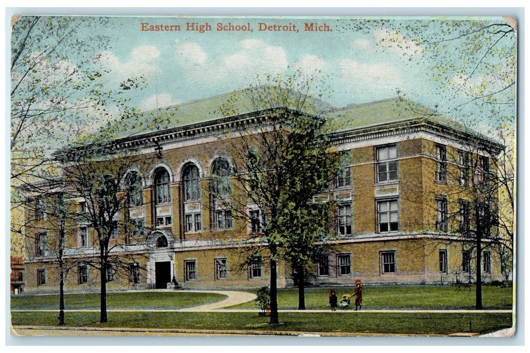 c1910s Eastern High School Exterior Roadside Detroit Michigan MI Trees Postcard
