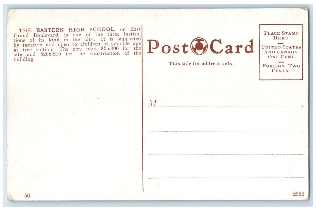 c1910s Eastern High School Exterior Roadside Detroit Michigan MI Trees Postcard