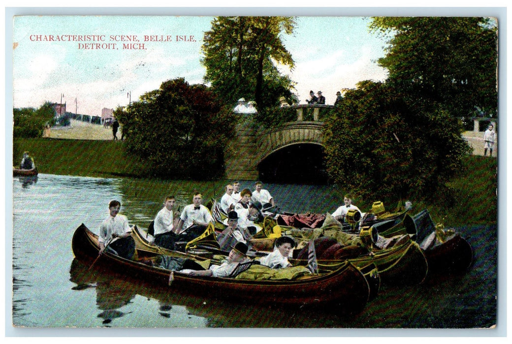 1908 Characteristic Scene Belle Isle People Boating Detroit Michigan MI Postcard