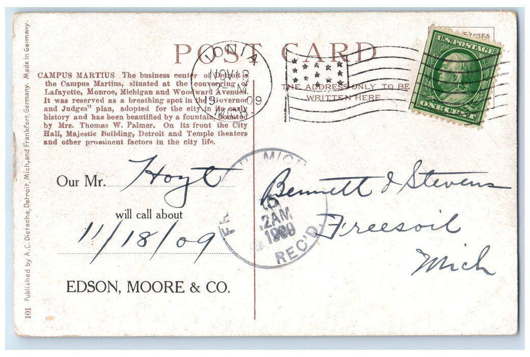 1909 Campus Martius Business Center Detroit Michigan MI Posted Building Postcard
