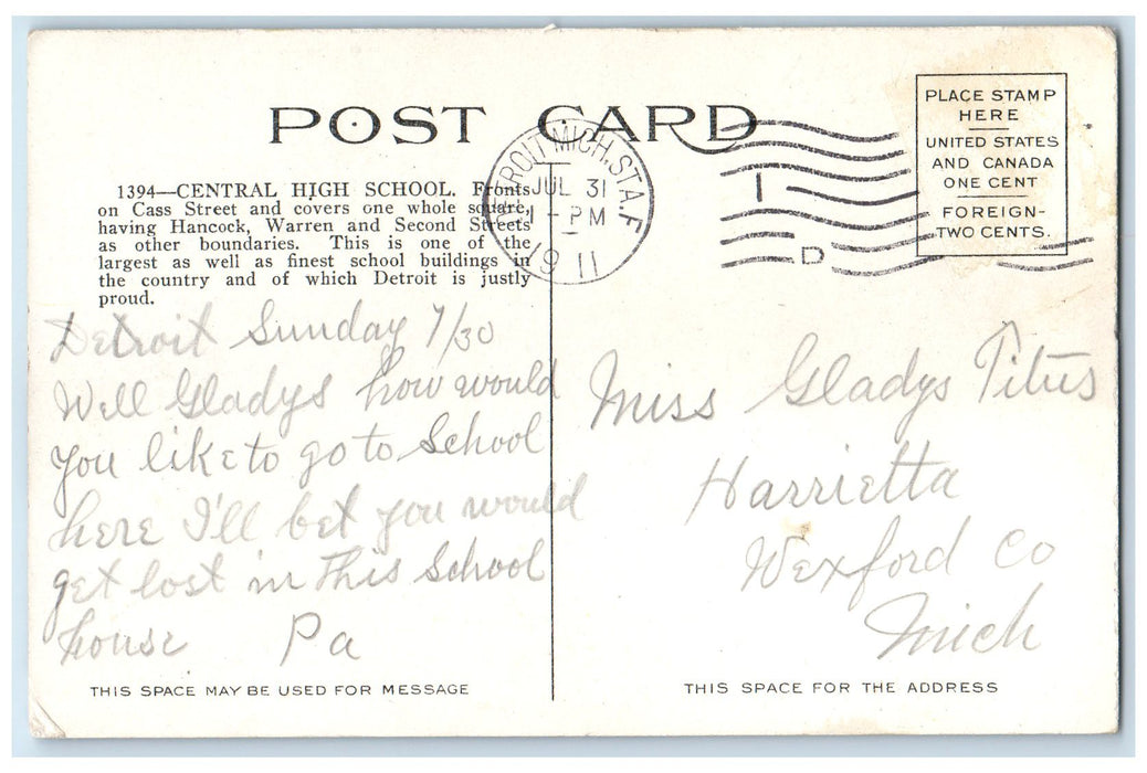 1911 Central High School Exterior Roadside Detroit Michigan MI Posted Postcard