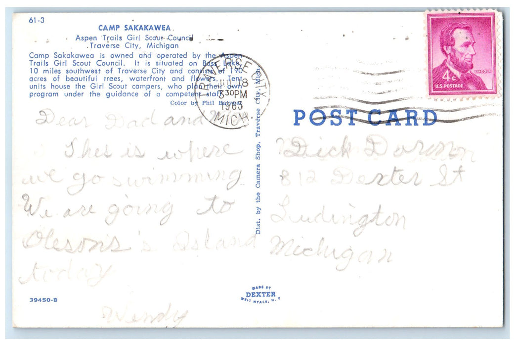 1963 Camp Sakakawea Aspen Trail Scout Council Traverse City Michigan MI Postcard