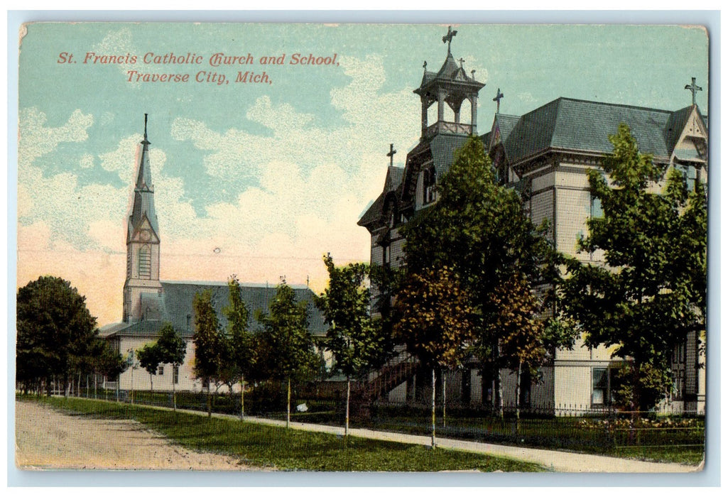 c1910s St. Francis Catholic Church And School Traverse City Michigan MI Postcard