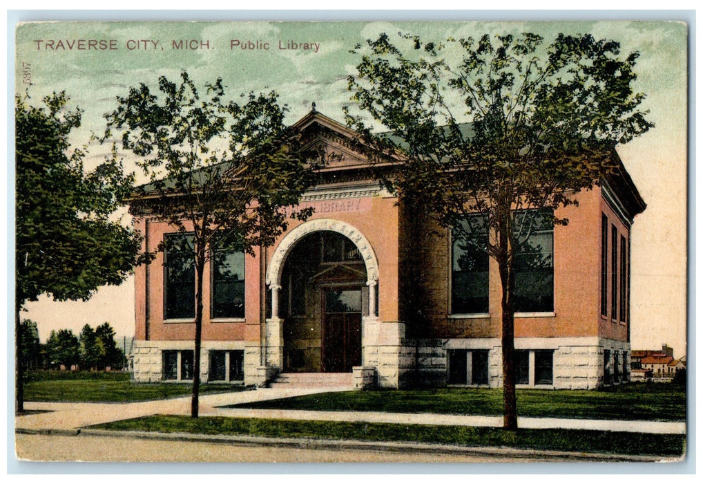 1907 Public Library Exterior Roadside Traverse City Michigan MI Posted Postcard