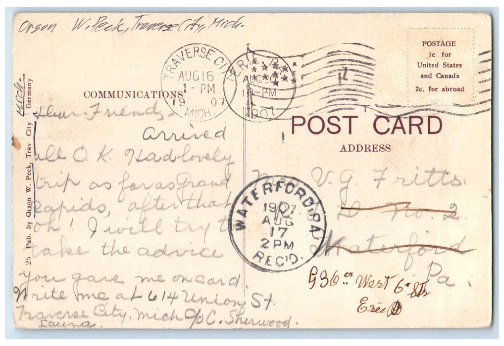 1907 Public Library Exterior Roadside Traverse City Michigan MI Posted Postcard