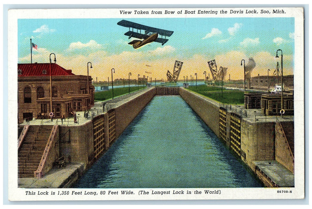 1948 View Taken From Bow Of Boat Entering The Davis Lock Soo MI Dock Postcard