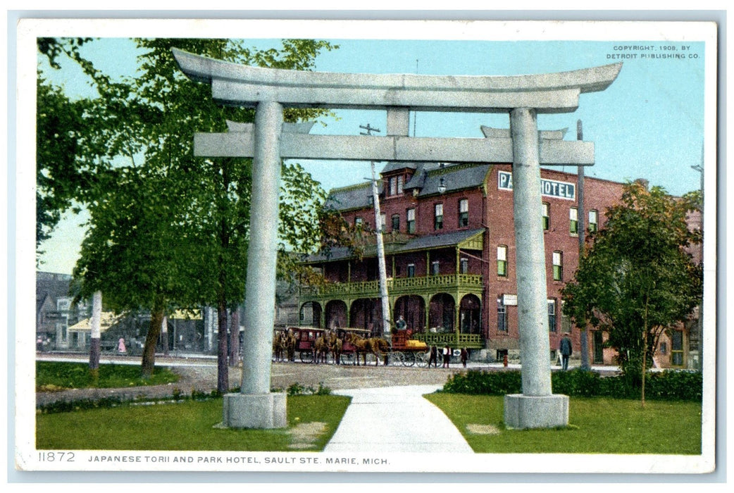 c1920s Japanese Torii And Park Hotel Sault Ste. Marie Michigan MI Trees Postcard