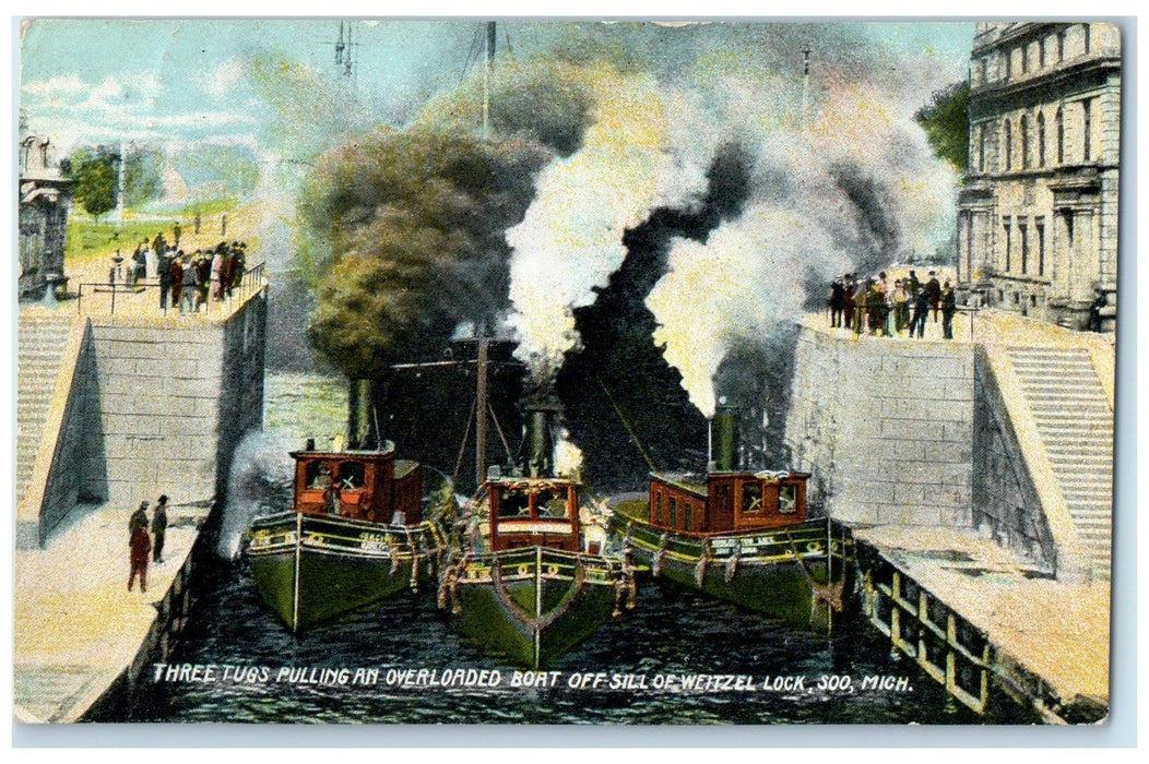 1910 Three Tugs Pulling Overloaded Boat Off Sill Of Weitzel Lock Soo MI Postcard