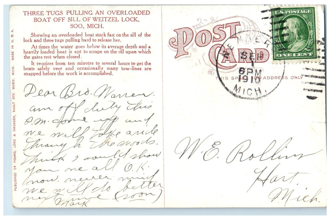 1910 Three Tugs Pulling Overloaded Boat Off Sill Of Weitzel Lock Soo MI Postcard