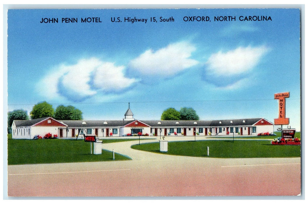 c1940s John Penn Motel Exterior Roadside Oxford North Carolina NC Cloud Postcard