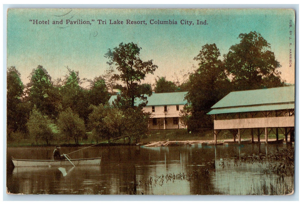 c1940s Hotel And Pavilion Tri Lake Resort Columbia City Indiana IN Tree Postcard