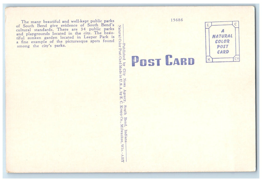 c1940s Sunken Garden Fountain In Leeper Park South Bend Indiana IN Tree Postcard