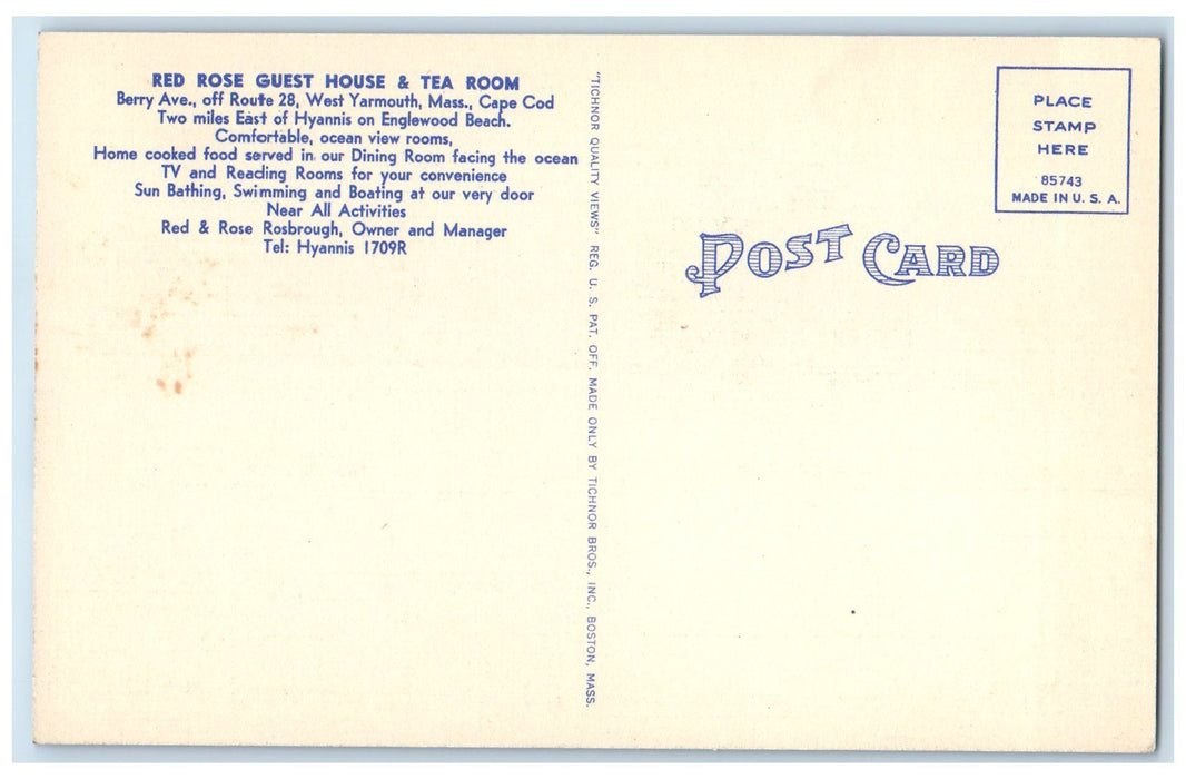 c1940's Red Rose Guest House & Tea Room West Yarmouth Massachusetts MA Postcard