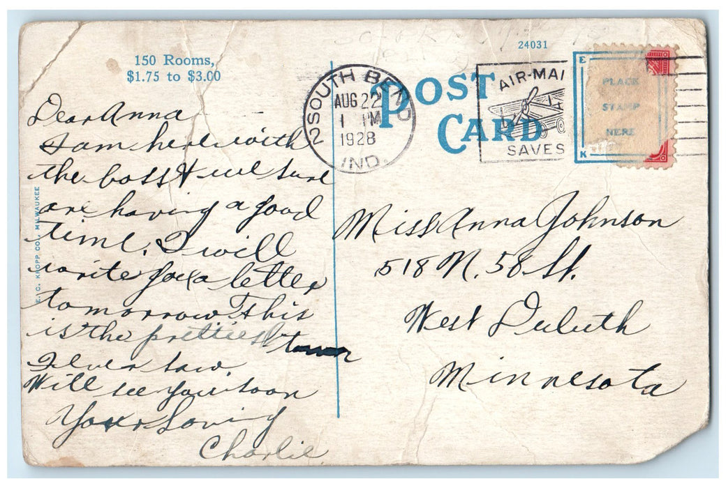 1928 Hotel Jefferson Exterior Roadside South Bend Indiana IN Posted Postcard
