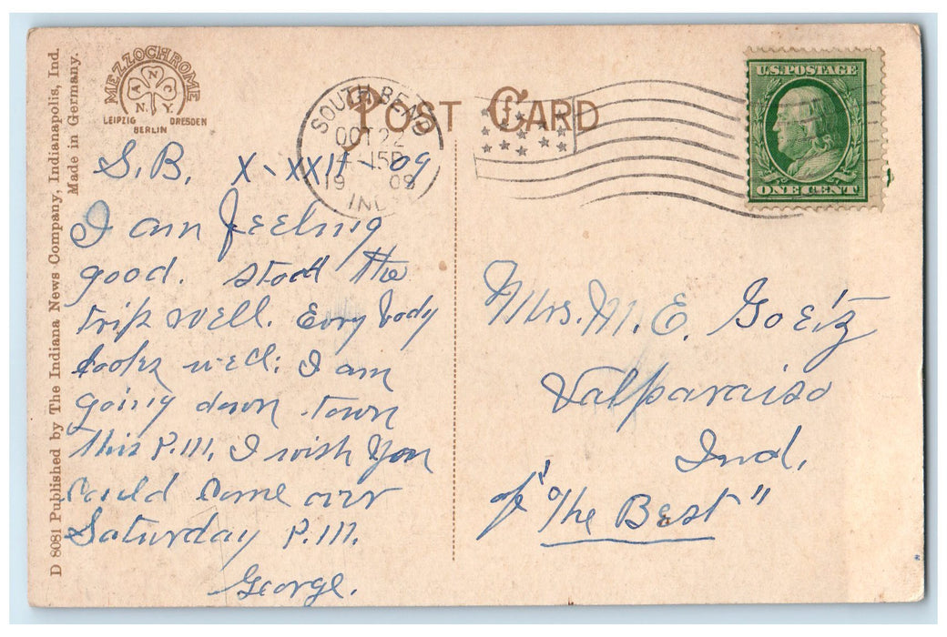1908 The Public Library Exterior Roadside South Bend Indiana IN Posted Postcard