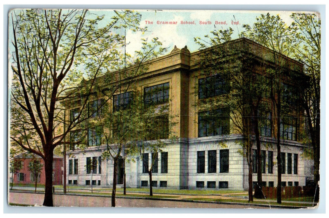 1918 The Grammar School Exterior Roadside South Bend Indiana IN Trees Postcard