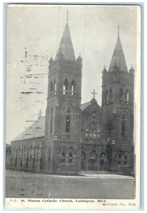 1907 St. Simons Catholic Church Building Cross Twin Tower Ludington MI Postcard