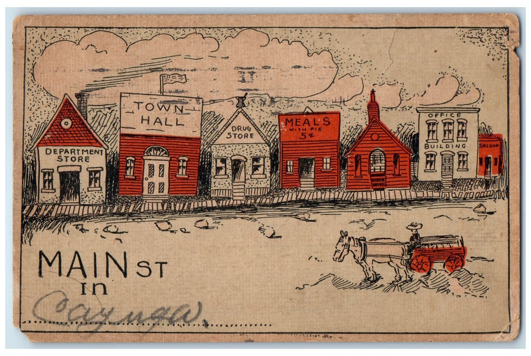 1909 Main Street In Cayuga Sketch Buildings Wagon Indiana IN Posted Postcard