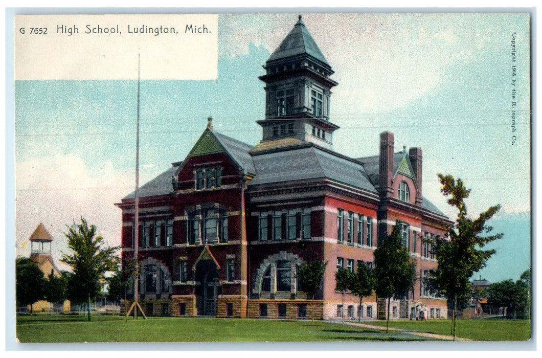 c1905 High School Building Campus Tower Ludington Michigan MI Unposted Postcard