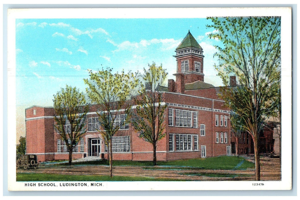 c1920's High School Building Campus Classic Car Dirt Road Ludington MI Postcard