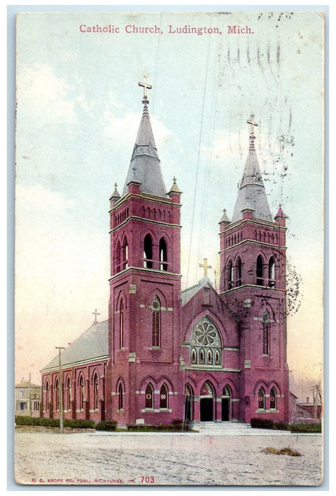 1910 Catholic Church Building Twin Tower Cross Ludington Michigan MI Postcard