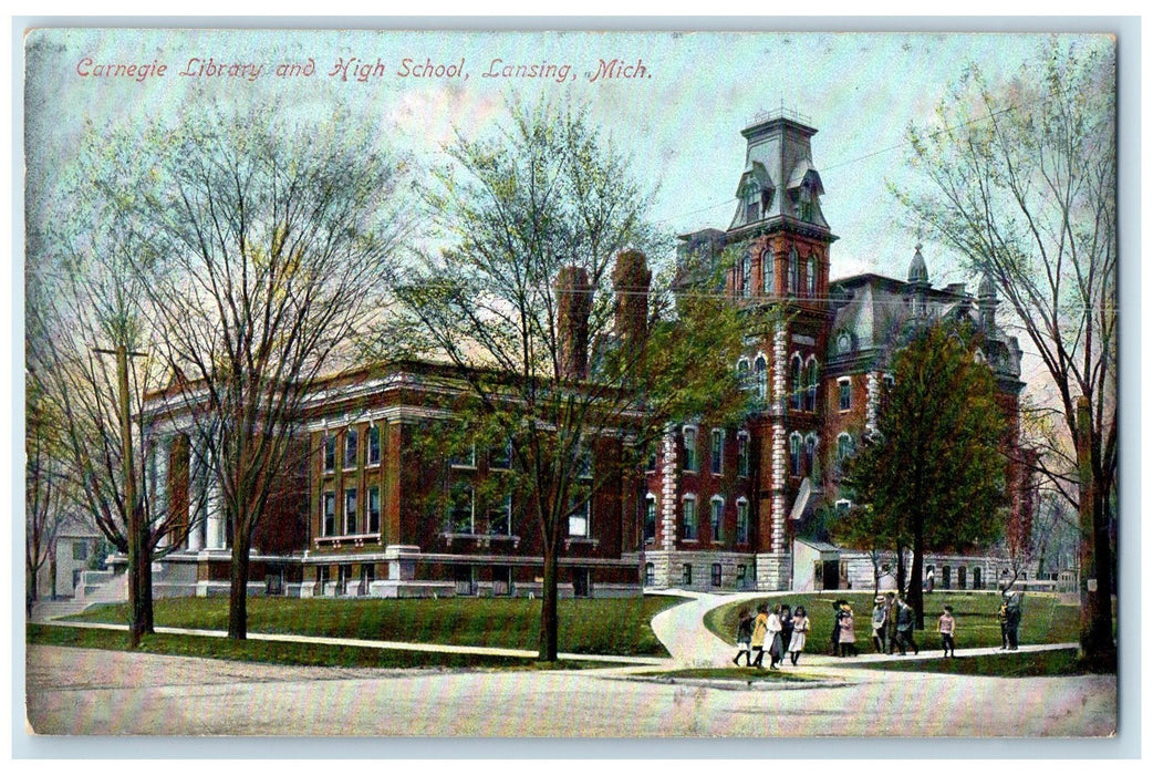 1908 Carnegie Library High School Building Students Lansing Michigan MI Postcard