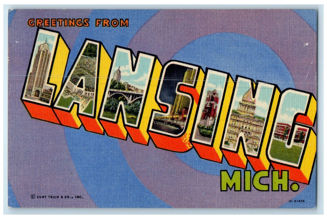 c1940's Greetings From Lansing Big Letters Multiple Views Michigan MI Postcard