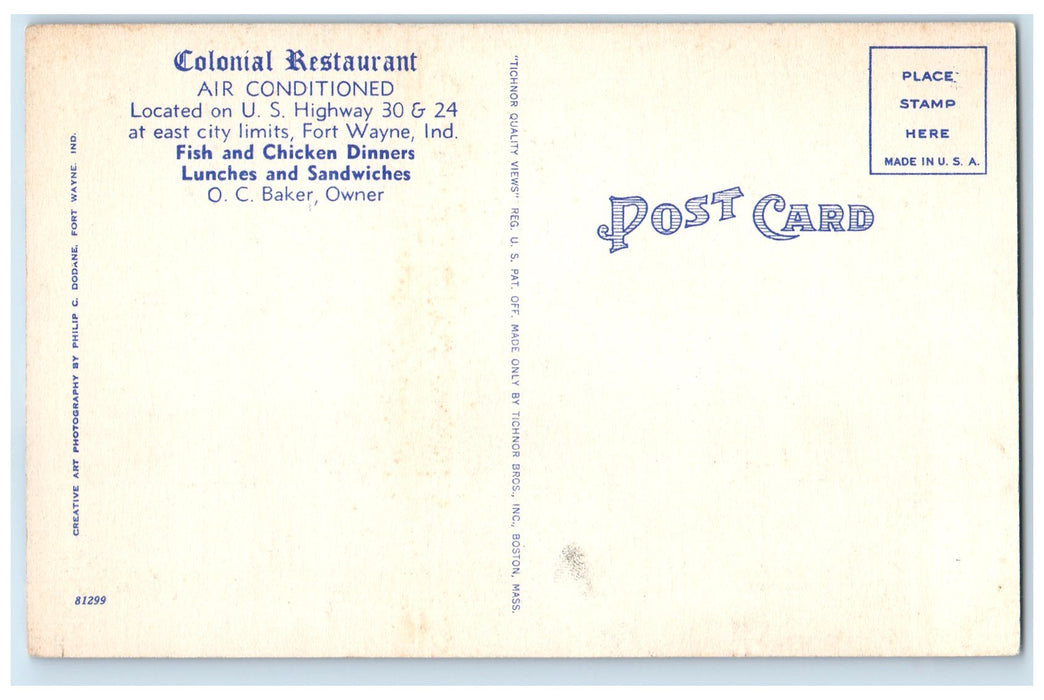 c1940's Colonial Restaurant Exterior Roadside Fort Wayne Indiana IN Postcard