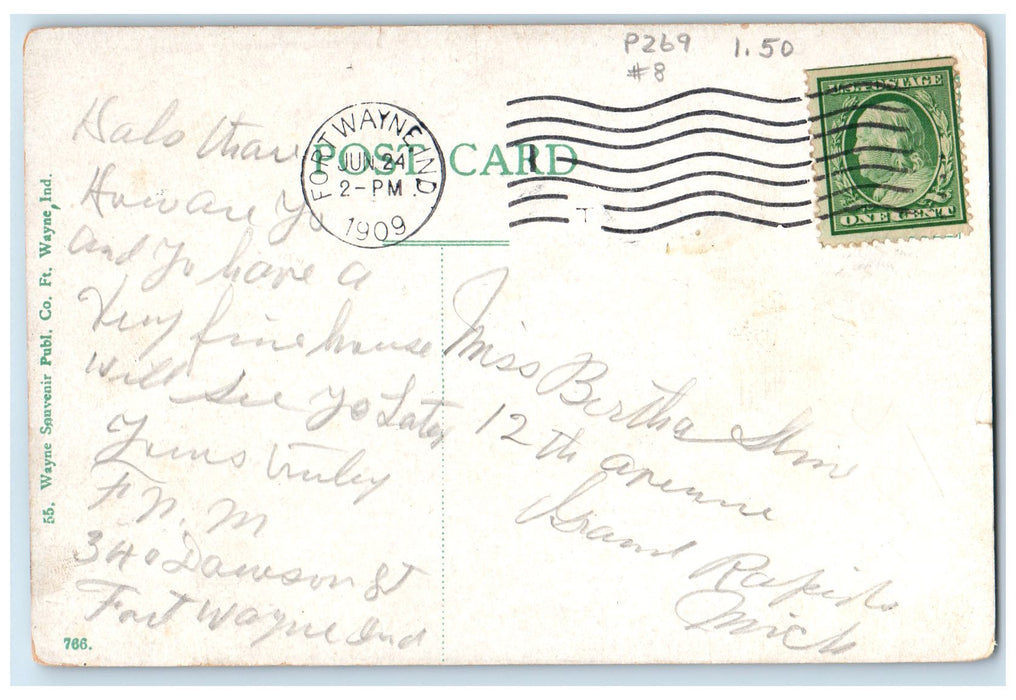 1909 North Side Park Spy Run Avenue Fort Wayne Indiana IN Posted Tree Postcard