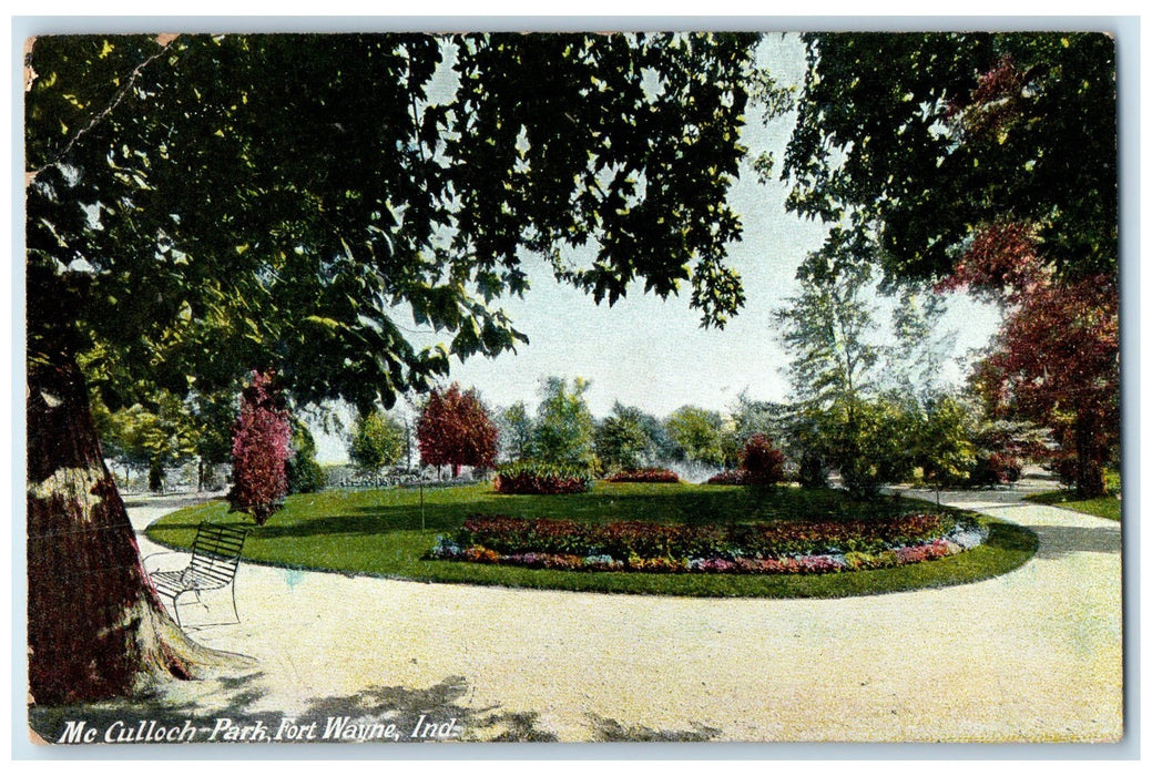 1909 McCulloch Park Bench Flowers Scene Fort Wayne Indiana IN Posted  Postcard
