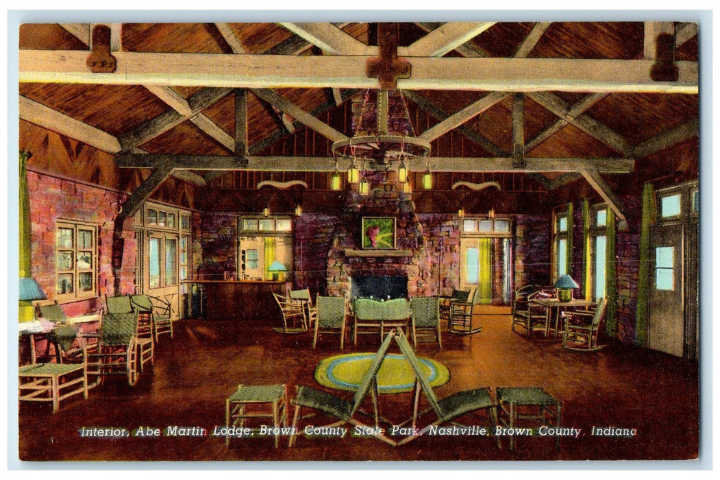 c1940's Interior Abe Martin Lodge Brown County State Park Indiana IN Postcard