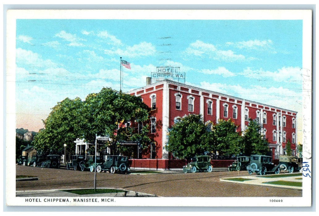 1939 Hotel Chippewa Building Restaurant Classic Cars Manistee MI Posted Postcard